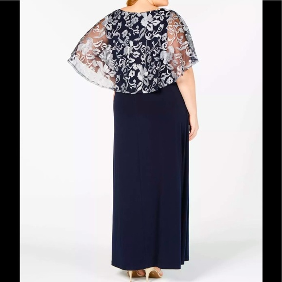 Formal Dress Plus Sz 14 14W 16W 18W 20W Connected Navy Maxi Floral Overlay Cape - Picture 2 of 8
